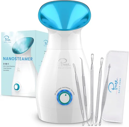 Pure Daily Care NanoSteamer Grande 3 en 1 Vaporizador Facial Nano Iónico con Control Preciso de Temperatura - Humidificador - Desobstruye los Poros