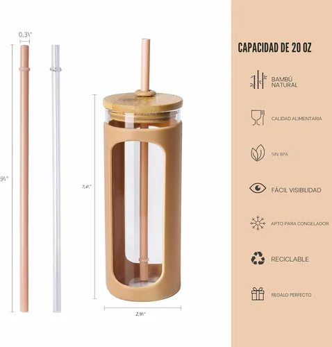 Miniatura 2 de Kodrine Vaso para agua de vidrio de 20 onzas con popote y tapa, botella de agua con tapas de bambú, taza para café helado, reutilizable, boca ancha