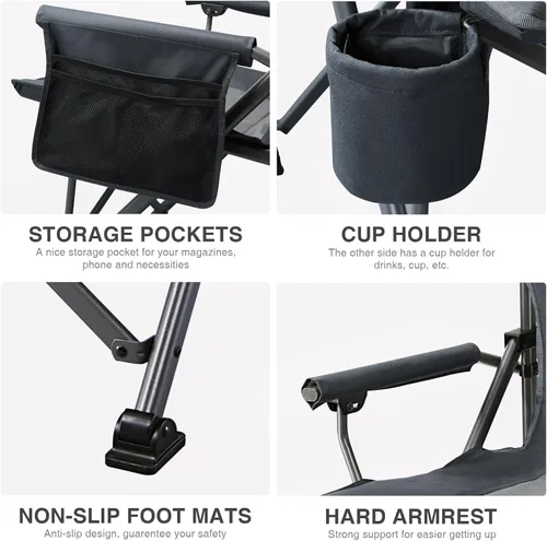 Miniatura 7 de EVER ADVANCED Silla de camping plegable de gran tamaño, para adultos, silla de césped resistente con bolsillos laterales, silla cuádruple plegable