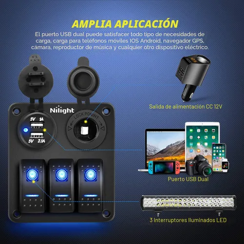 Miniatura 6 de Nilight - Panel de interruptor basculante de 3 bandas 90115C Panel de interruptores de aluminio precableado impermeable con enchufe de cargador USB