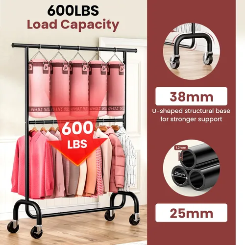 Miniatura 6 de Perchero resistente para dormitorio, perchero con ruedas de altura ajustable de 6 niveles, ruedas con bloqueo, perchero portátil para sala de estar