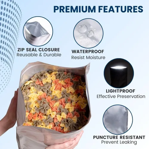 Miniatura 9 de Bolsas de Mylar de 5 galones para almacenamiento de alimentos con cremallera, 20 unidades de 0.551 in extra gruesas para almacenamiento a largo