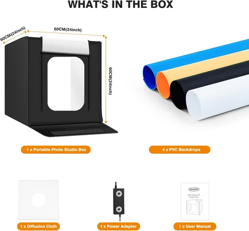 Miniatura 9 de Caja de luz para fotografía de 20"x20" con 160 luces LED y 6 fondos de color, caja de fotos con luces, caja de luz plegable con brillo ajustable