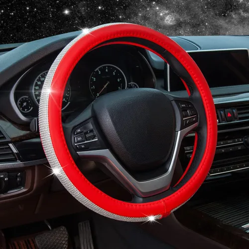 Nueva funda para volante de cuero con diamantes de imitación con brillantes cristales de brillo, protector de rueda universal de auto de 15 pulgadas