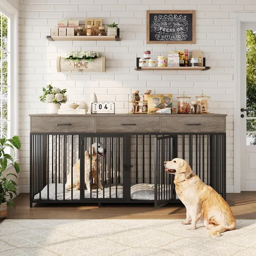 Miniatura 3 de HOSTACK Mueble doble para perros, perrera de 71 pulgadas de ancho para interiores con 3 cajones, jaula de granja para perros para 2 perros Gris