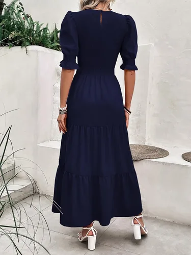 Miniatura 77 de BTFBM Vestidos para mujer, cuello redondo, casual, de verano, con volantes, manga corta, bohemio, con niveles, fruncido, largo, con estampado floral