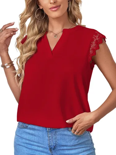 Miniatura 4 de LYANER Blusa elegante sin mangas con cuello en V y ribete de encaje para mujer
