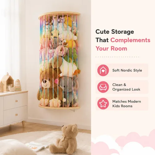 Miniatura 7 de Hamaca de almacenamiento de animales de peluche, diseño de medio círculo de madera, organizador de juguetes de felpa para decoración de habitación