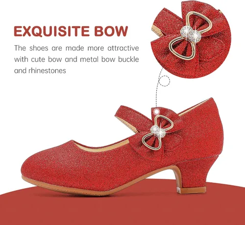 Miniatura 3 de Dufannie Zapatos de vestir para niñas, zapatos de tacón bajo de princesa, zapatos planos con purpurina para bodas y fiestas