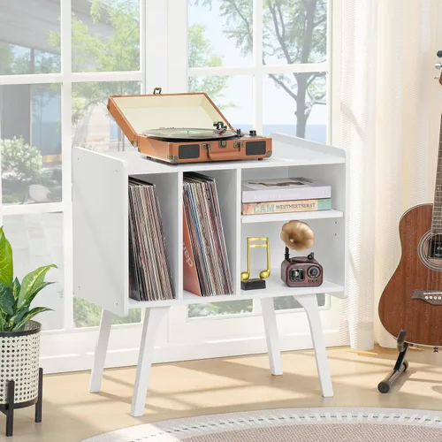 Miniatura 5 de LELELINKY Soporte para tocadiscos, mesa de almacenamiento de discos de vinilo con 4 gabinetes de hasta 120 álbumes, soporte para tocadiscos de Blanco