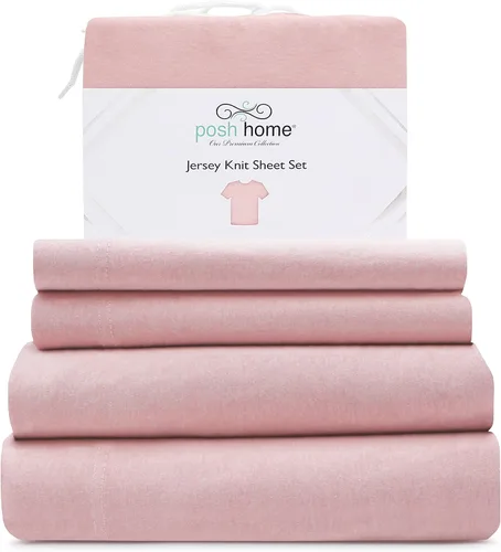 Miniatura 14 de Posh Home Juego de sábanas de punto de jersey, sábanas de 3 piezas, sábanas de jersey de algodón transpirable y suave, incluye sábana encimera