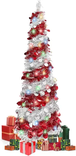 Miniatura 11 de Árbol de Navidad de 5 pies tipo lápiz, árbol artificial plegable con lentejuelas, árbol de Navidad tipo lápiz delgado con escarcha, árbol de Navidad