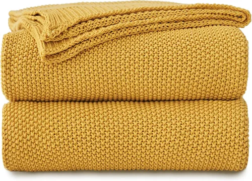 Longhui bedding - Manta de punto trenzado de algodón amarillo mostaza para sofá cama, mantas de punto ligeras decorativas para el hogar con bolsa de