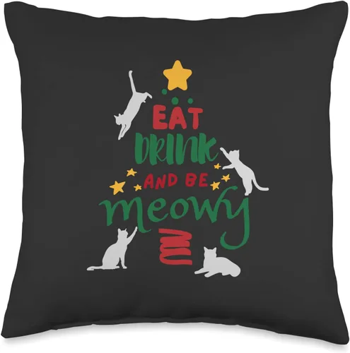 jovy fits Eat Drink and Be Meowy | Almohada de Navidad de gato feo, 16 x 16 pulgadas, multicolor