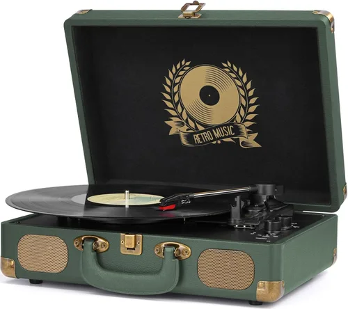 Reproductor de discos de vinilo Bluetooth Tocadiscos 3-velocidades Maleta portátil Vintage impulsado por correa Reproductor de discos con altavoces