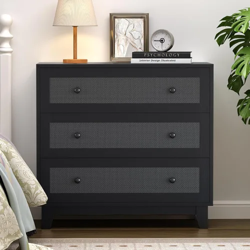 Cómoda de 3 cajones para dormitorio, pequeña cómoda bohemia de ratán natural para armario, cajonera, organizador moderno de almacenamiento de ropa
