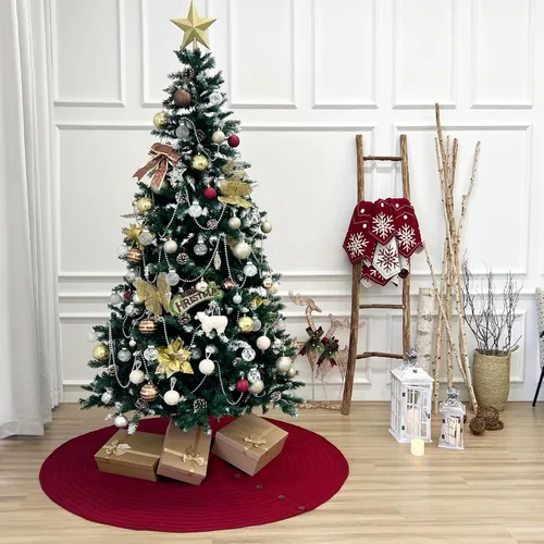 Miniatura 6 de Falda de árbol de Navidad de punto acanalado de 36 pulgadas con botones de roble, borgoña