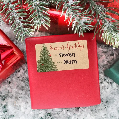 Miniatura 4 de Etiquetas de regalo con árbol de Navidad y cardenal rojo – Etiquetas autoadhesivas para envolver regalos navideños sobre fondo kraft – 42 etiquetas