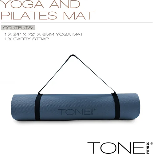Miniatura 3 de TONE Fitness Esterilla de yoga antideslizante de 1/4 pulgadas de grosor para ejercicios y pilates para entrenamientos en casa con correa de Azul