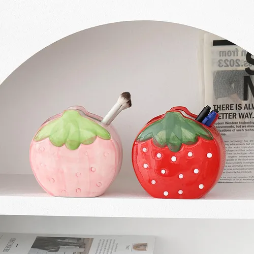 Miniatura 6 de TANG SONG Soporte de cepillo de maquillaje de fresa de cerámica, caja de almacenamiento de cosméticos, soporte para bolígrafos y lápices, Rosa