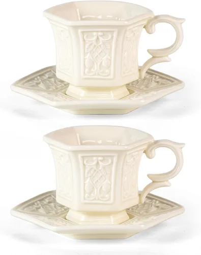 Miniatura 12 de KAMMAK - Juego de 2 tazas de té y platillos, tazas de café de porcelana, tazas de espresso apilables de 6.8 onzas, demitasses de cerámica para café