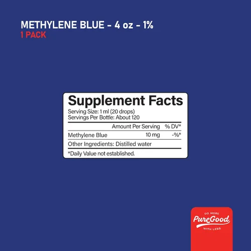Miniatura 9 de PureGood Azul de metileno 1% Líquido – 10 mg por 1 mL Porción – 4.1 fl oz (4 fl oz) – Alrededor de 120 porciones – Probado por terceros – Botella
