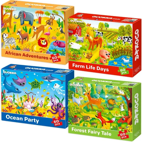 QUOKKA Rompecabezas para niños de 4 a 6 años – Juego de rompecabezas de 4 x 60 para niños pequeños de 3 a 5 años – Juguetes de animales para niños