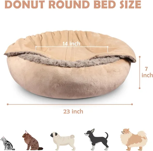 Miniatura 5 de JOEJOY Cama pequeña para perros y gatos con manta con capucha, acogedora y lujosa cama para cachorros en forma de dona redonda que alivia