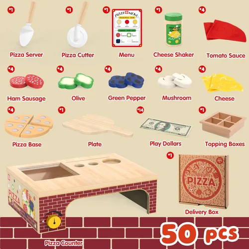 Miniatura 3 de Juguete de Pizza de Madera - Montessori Comida de Juego de Simulación para Edades 3+, Juguete Educativo de Aprendizaje Conjunto de Juego de Madera