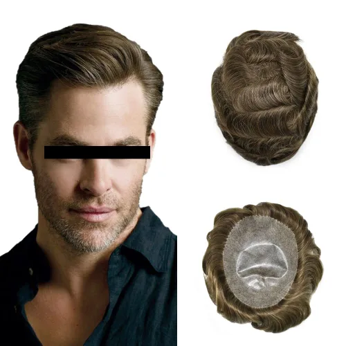 Miniatura 19 de Toupee para hombres pieza de pelo suave poli piel real sistema de cabello humano para hombre tupé durable PU piezas de pelo para hombres reemplazo