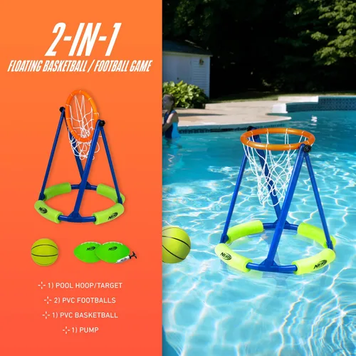Miniatura 6 de NERF - Juego de aro de baloncesto flotante para piscina + red de fútbol – Baloncesto acuático + (2) pelotas de fútbol acuáticas incluidas – Aro