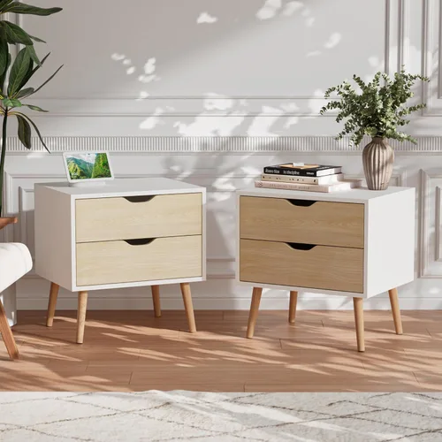 Miniatura 7 de BVIUNTWO Mesita de noche blanca con 2 cajones para dormitorio, pequeña cómoda de roble blanco con cajones, mesa auxiliar, mesa auxiliar