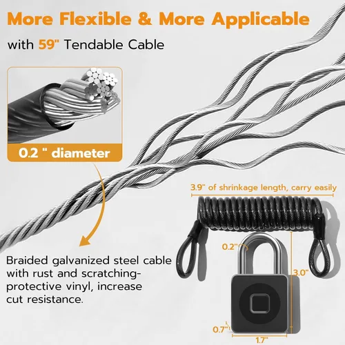 Miniatura 4 de Pothunder Cerradura de huellas dactilares con aplicación, candado biométrico sin llave de cable de acero, resistente al agua inteligente para Negro