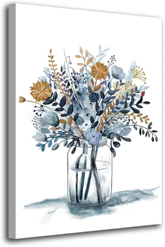 Arte de Pared en Lienzo de Flores Azul Marino Decoración de Pared de Dormitorio Ramo Minimalista Cuadros en Lienzo Obra de Arte Acuarela de Flores