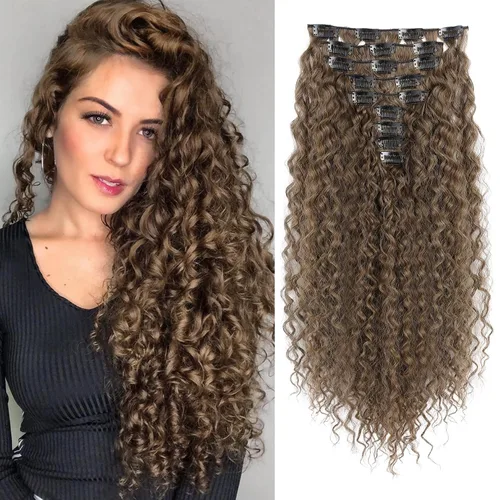 Miniatura 9 de LONAI Extensión de Cabello, 9 piezas, 56 cm de largo, castaño, extensiones de cabello rizadas con pinza, LN002, extensiones de cabello sintético