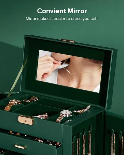 Miniatura 34 de Homde Regalos de Navidad de cuero sintético, enorme joyero, organizador de reloj con espejo, collar, anillo y aretes, estuche de regalo con Dorado