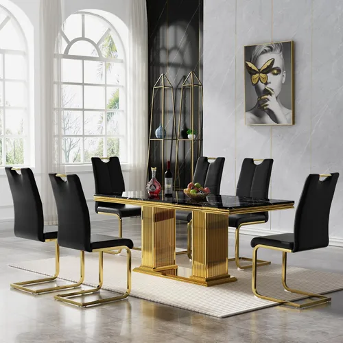 Miniatura 18 de 5 Piece Black Marble Dining Table Set for 4, Modern Faux Marble Kitchen Dining Room Tables with 4 Leather Chairs Set, 68.11" Luxury Rectangular