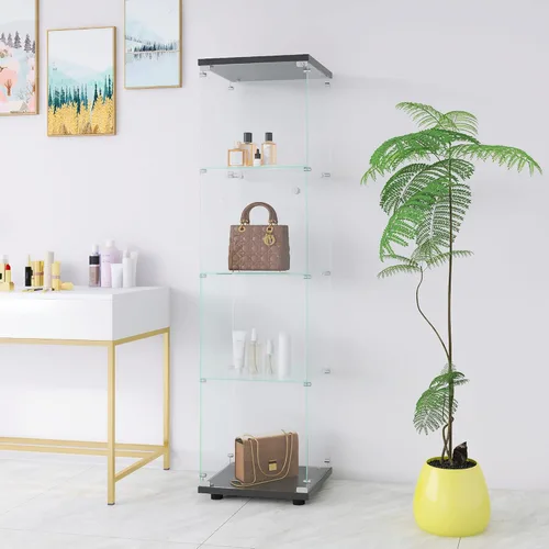 Miniatura 15 de Vitrina de cristal con 4 estantes con tira de luces LED y cerradura, vitrina de vitrina con ruedas y 1 puerta, vitrina de vidrio templado para sala