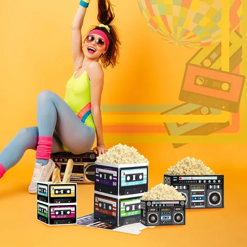 Miniatura 7 de 8 piezas de centros de mesa de casete retro de los años 80, decoración de cubo de vuelta a los años 80 y 90 Hip Hop Radio tema cajas palomitas