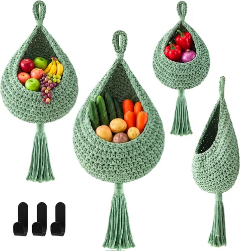 Miniatura 29 de Honeydak Cestas colgantes de pared bohemias para cocina, paquete de 3 cestas de lágrima con ganchos, almacenamiento de frutas, cebollas, verduras