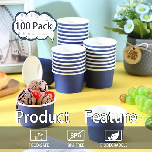 Miniatura 4 de Didaey 100 cuencos de papel desechables para helados, recipientes de postre para yogur, recipientes desechables para postre de yogur para alimentos