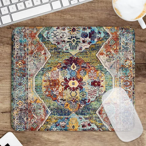 Seorsok Alfombrilla de mouse cuadrada estética bohemia vintage, diseño personalizado para oficina y hogar, tapete de mouse étnico antiguo, base de
