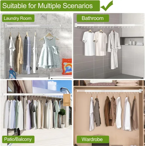 Miniatura 5 de Kelisiting Tendedero de ropa, estante de secado de lavandería montado en la pared, [sin taladrar y con taladrar para elegir] Tendederos de Blanco