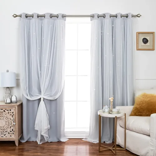 Miniatura 27 de Best Home Fashion Par de cortinas opacas con revestimiento de tul y corte láser, paneles de ventana con ojales plateados para dormitorio, habitación