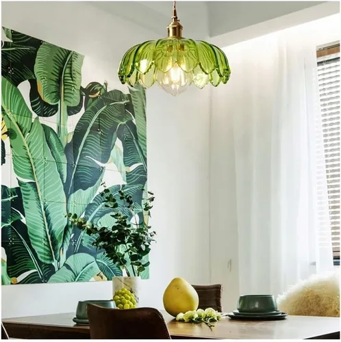 Miniatura 2 de Mid Century Green Pendant Lights, Nordic Retro Full Copper Hanging Pendant Lamp with Flower Shape Glass Shade, 47.2in Adjustable Cord E27/E26