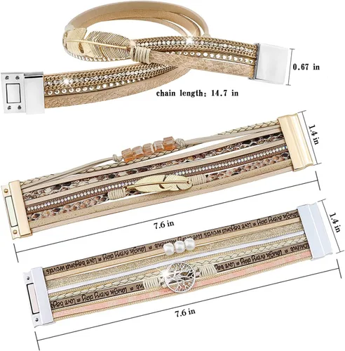 Miniatura 6 de Wowanoo - Juego de 3 pulseras de cuero de varias capas con cierre magnético para mujer, con cristales, ramas de árbol pulseras para mujer.