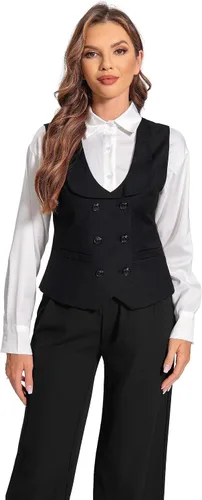 Miniatura 5 de Foucome Chaleco de traje para mujer, chaleco de doble botonadura, cuello de solapa elegante, chaleco para mujer
