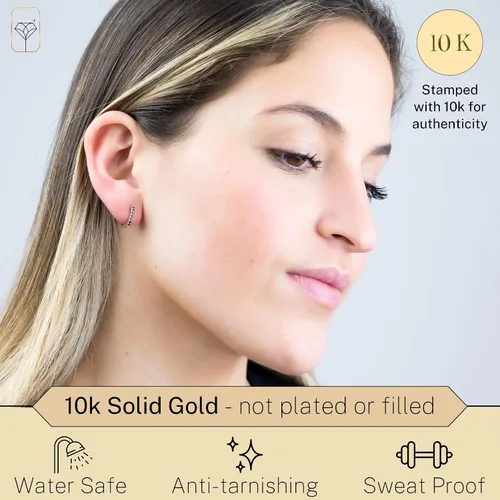Miniatura 3 de MAX + STONE Aretes de aro y Huggie de oro de 10 quilates para mujer, 0.472 in, pequeños aros de piedras naturales