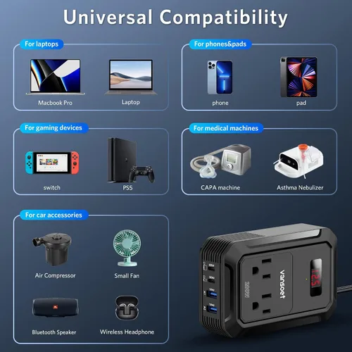 Miniatura 8 de Inversor de energía para automóvil de 200W CC 12V a 110V CA con PD 65W/30W USB C y 2 puertos USB QC 18W y 2 salidas CA, adaptador de enchufe
