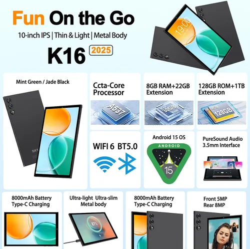 Miniatura 2 de Tableta Android 15 2026 de 10.1 pulgadas, 30 GB de RAM, 128 GB ROM 1 TB expandir, batería de 8000 mAh, BT5.0, Wi-Fi 6 2.4/5G, cuerpo de metal